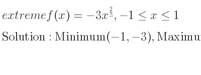 The extreme f(x)=-3x^{2/3},-1<= x<= 1 is Minimum(-1,-3),Maximum(0,0),Minimum(1,-3)